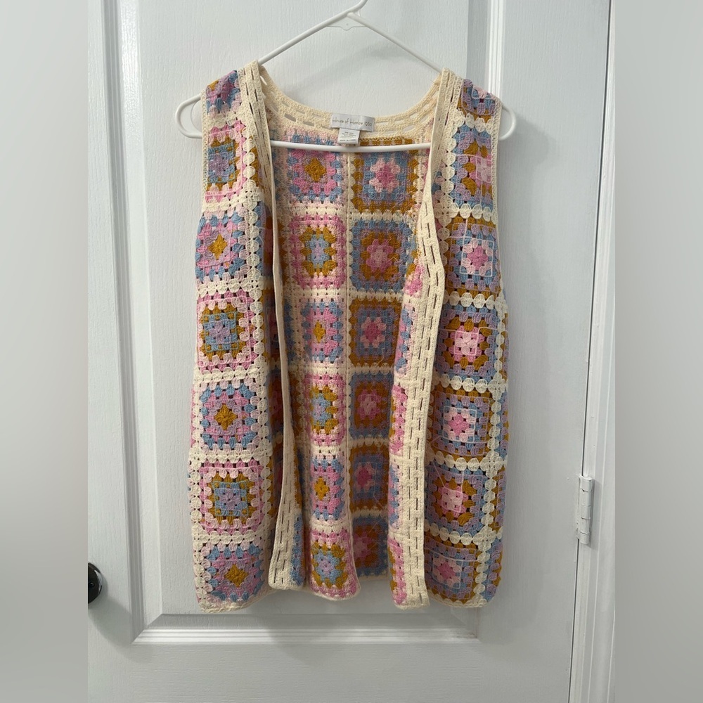 House of Harlow 1960 Knitted Crocheted Pastel Coastal Granny Square Vest One Sz